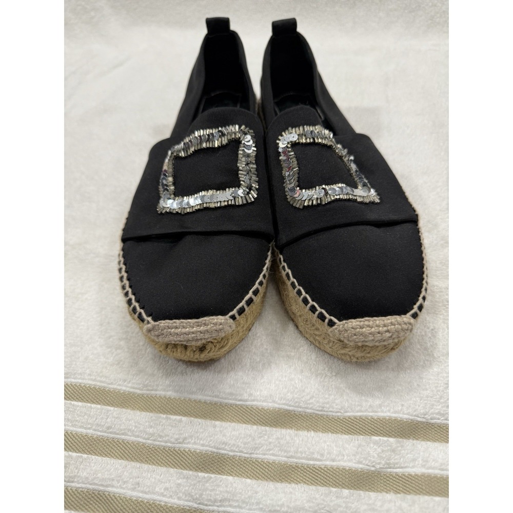 Authentic Roger Vivier Paris Black Satin Espadrilles Crystal Buckle Flats US 7